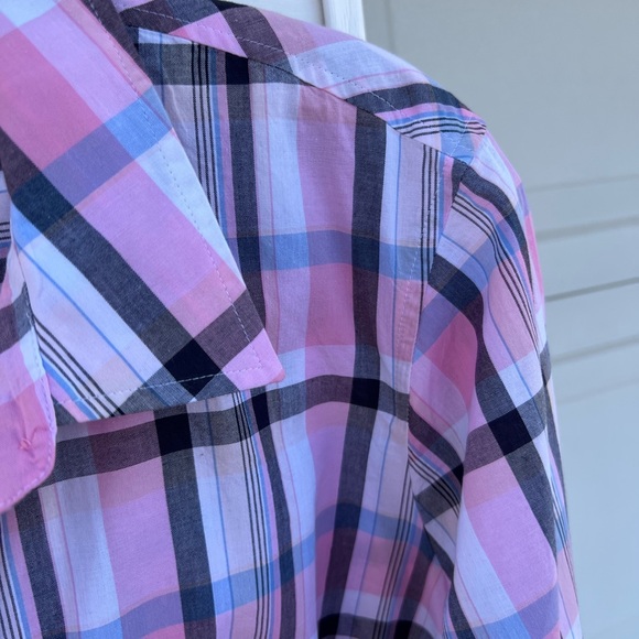 NWT Talbots Pretty Pink White Blue Black Cotton Plaid Long Sleeve Blouse - Picture 3 of 5